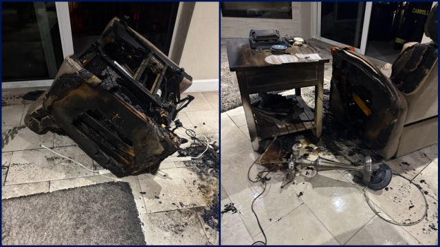 Photos: Lithium-ion battery catches fire, burns chair in Florida condo, officials say