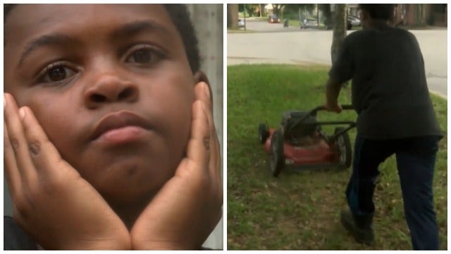Community rallies around boy mowing lawns to pay for school supplies