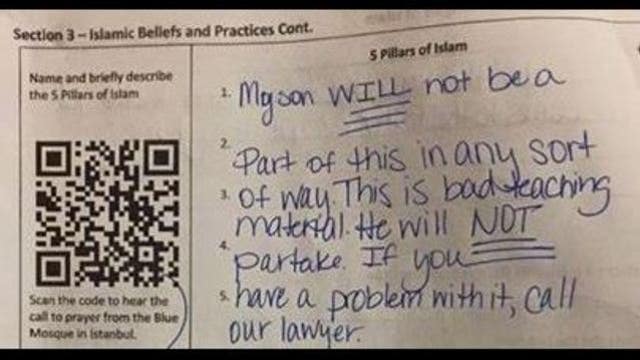 READ: Mom's angry note to teacher about Islam assignment goes viral