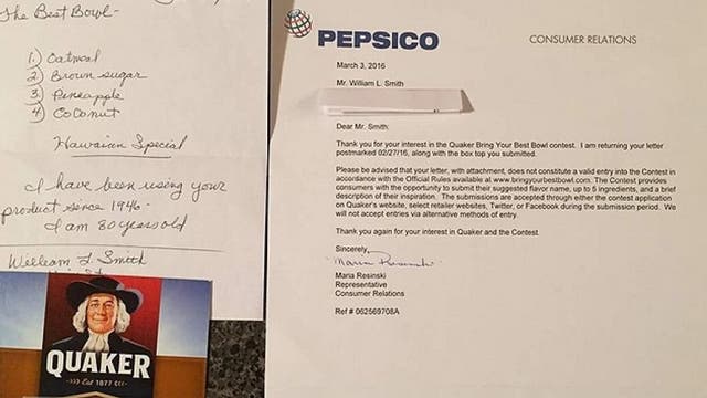Elderly man's Quaker Oats contest submission rejected because… it's hand-written