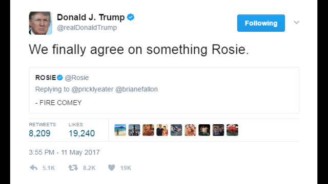 Trump retweets Rosie O'Donnell on Comey firing: 'We finally agree on something'