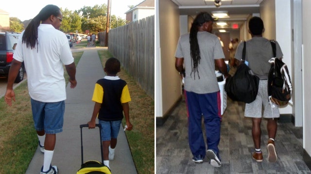 Dad walks son to first day of kindergarten, first day of college