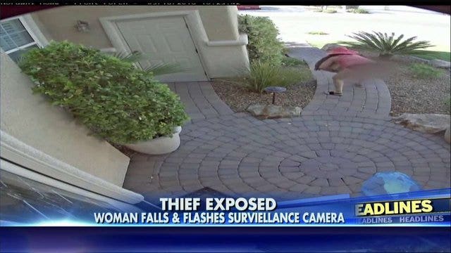 Alleged package thief falls, flashes surveillance camera