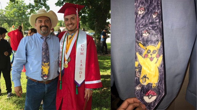 Dad wears tie son made in 1st grade to graduation