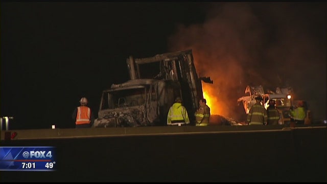 Truck hauling coffee creamer catches fire on I-35E