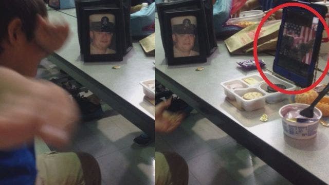 A dad's deployment didn't stop him from attending a school luncheon with son