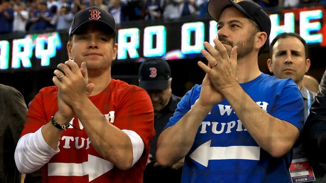 Matt Damon, Jimmy Kimmel sport 'I'm with stupid' T-shirts at World Series