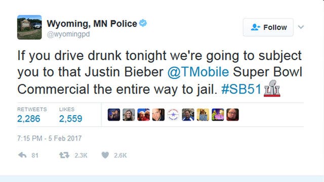 Police: If you drive drunk, we'll play Justin Bieber Super Bowl commercial