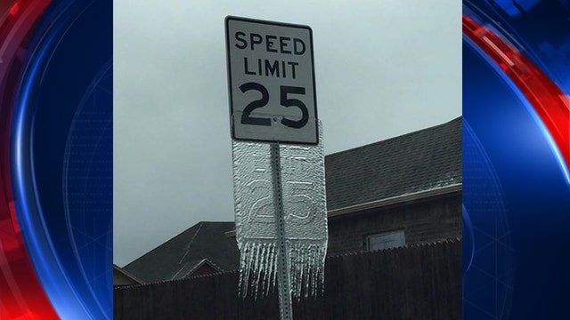 Speed limit sign creates unusual ice sculpture in Oklahoma