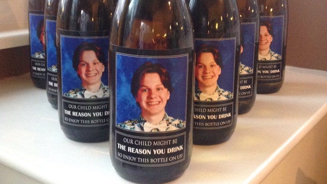 Parents give teacher wine with son's face on label