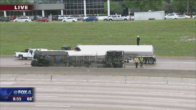 Tanker overturns in chain-reaction crash on LBJ