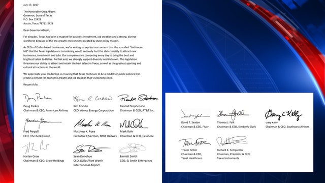Multiple Dallas CEOs send anti-bathroom bill letter to Gov. Abbott