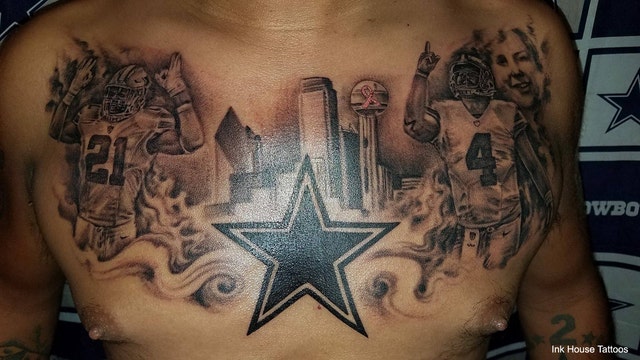 Cowboys super fan tattoos Dak & Zeke across his chest