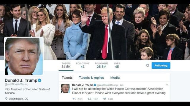 Tweet: President Trump won't attend White House Correspondents' Association Dinner