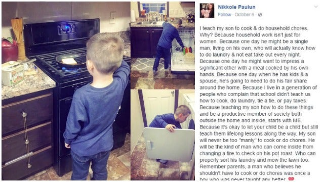 Single mom teaches son life lesson: 'Household work isn't just for women'