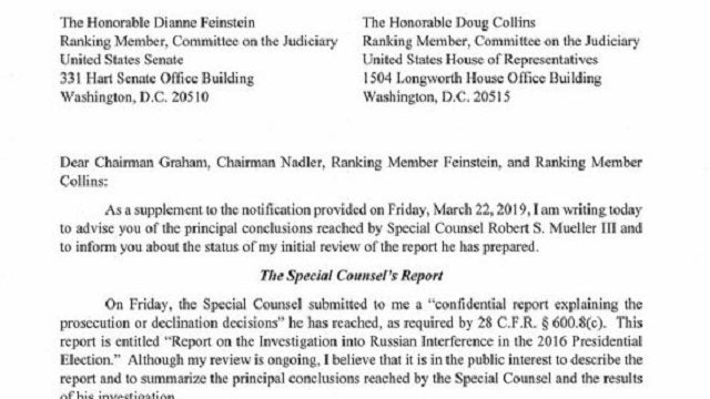 Text of letter from AG Barr to Congress on Mueller report