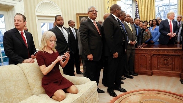 Kellyanne Conway kneels on Oval Office couch, sparks debate