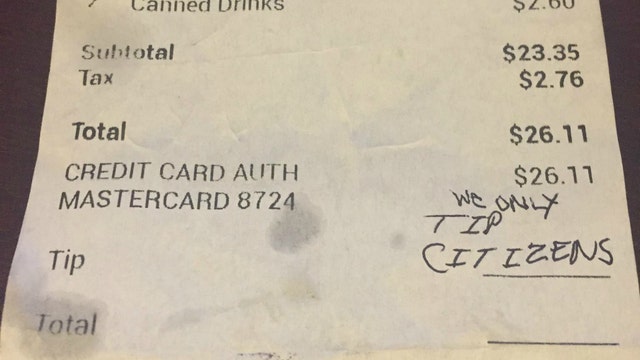 Outrage after server reports 'racist' note left in lieu of tip