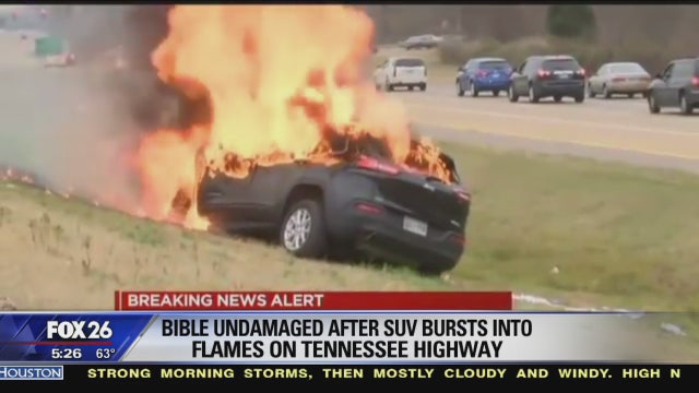 SUV bursts into flames and bible is unburned