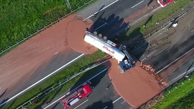 A sticky mess: liquid chocolate spills onto Polish highway