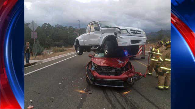 Cars land on top one another in Prescott crash, no injuries