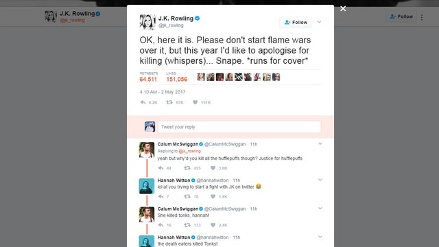 I'M SORRY...J.K. Rowling apologizes for killing off Professor Snape on Harry Potter