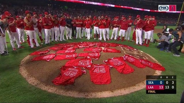 Angels' throw combined no-hitter in first home game since Tyler Skaggs' death