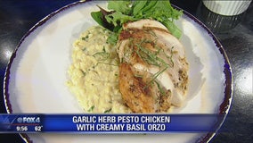 Garlic Herb Pesto Chicken Breast with Creamy Basil Orzo 