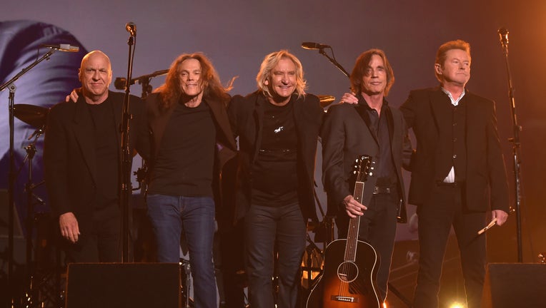 LOS ANGELES, CA - FEBRUARY 15: (L-R) Musicians Bernie Leadon, Timothy B. Schmit, Joe Walsh, Jackson Browne and Don Henley, paying tribute to Eagles founder Glenn Frey, appear onstage during The 58th GRAMMY Awards at Staples Center on February 15, 2016 in Los Angeles, California. (Photo by Larry Busacca/Getty Images for NARAS)