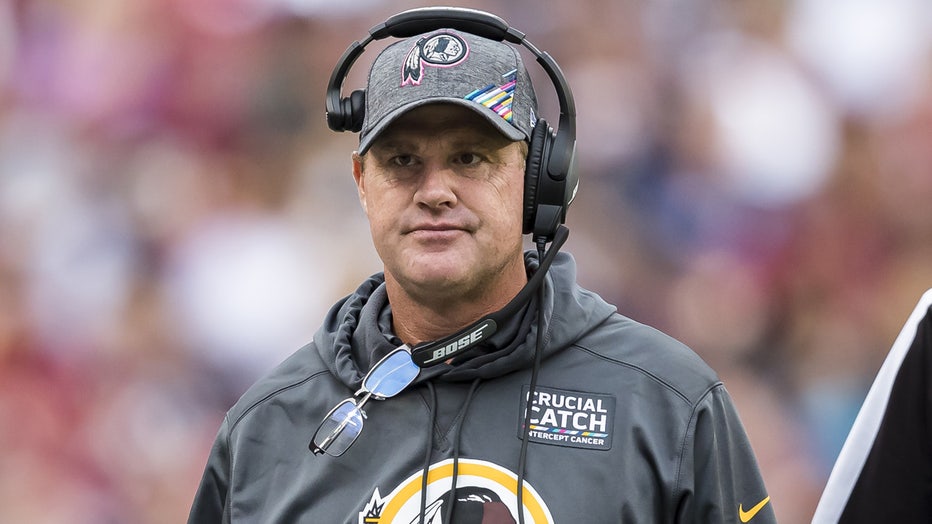 Head coach Jay Gruden of the Washington Redskins looks on against the New England Patriots during the first half at FedExField on October 6, 2019 in Landover, Maryland. (Photo by Scott Taetsch/Getty Images)