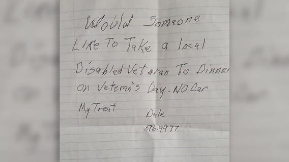 Veteran's handwritten note requesting company for Veterans Day dinner goes viral