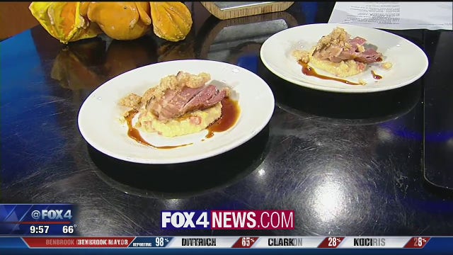 Sous Vide Bacon with Sorghum, Rye Glaze & Red Chile, Roasted Corn Grits