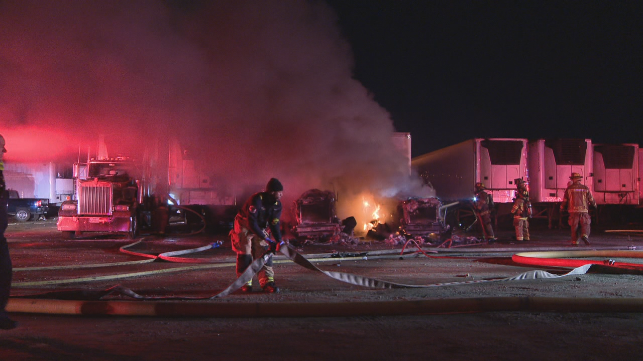 Fire at truck yard destroys several 18-wheelers