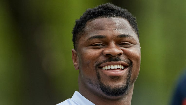 Chicago Bears outside linebacker Khalil Mack warms up during the Chicago Bears organized team activities or OTA on May 29, 2019 at Halas Hall in Lake Forest, IL.