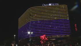 Dallas skyline lit up in honor of Kobe Bryant