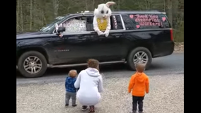 Easter Bunny abides by social distancing guidelines, surprises children amid COVID-19 pandemic