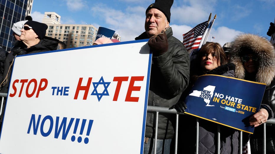 Representatives from various Jewish organizations as well as marchers from around the country joined the New Yorkers to call for an end to religious bigotry. hold placards during a No hate no fear solidarity march. As anti-Semitic incidents have increased in New York City as well as the United States, demonstrators held no hate no fear solidarity march. Representatives from various Jewish organizations as well as marchers from around the country joined the New Yorkers to call for an end to religious bigotry.