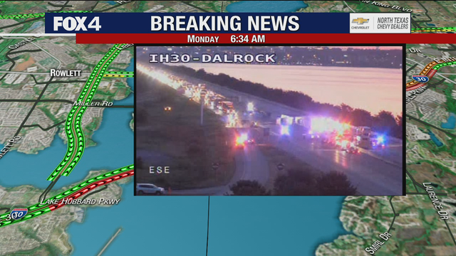 18-wheeler crash shuts down I-30 in Rowlett early Monday