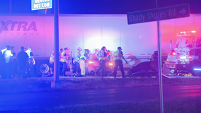 Portion of I-35 closed in Denton early Sunday morning after car got stuck under 18-wheeler