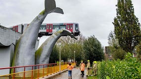 Whale tail sculpture catches runaway train