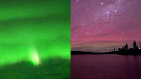 Pink and green: Auroras light up night sky in Tasmania, Alaska