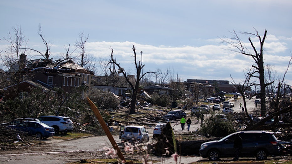 General view of tornado damaged structures on December 11, 2021 in Mayfield, Kentucky. Multiple tornadoes tore through parts of the lower Midwest late on Friday night leaving a large path of destruction and multiple fatalities. (Photo by Brett Carlsen/Getty Images)