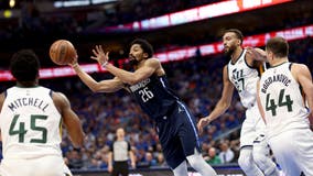 Mitchell, Jazz win opener 99-93 as Mavs play without Doncic