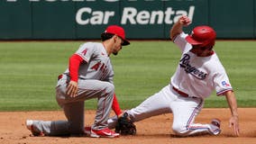 Angels' Trout plunked in win over Texas, X-rays negative