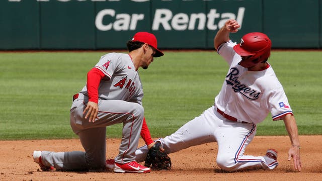 Angels' Trout plunked in win over Texas, X-rays negative