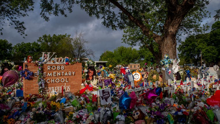 UVALDE, TEXAS - JUNE 01: A memorial dedicated to the 19 children and two adults killed on May 24th during the mass shooting at Robb Elementary School is seen on June 1, 2022, in Uvalde, Texas. (Photo by Brandon Bell/Getty Images)