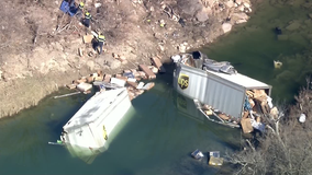 1 dead after UPS truck trailer crashes through guardrail in Ferris, falls into creek below