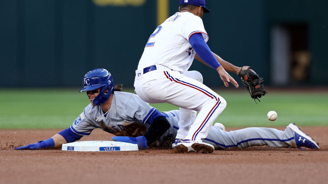 Franmil Reyes of the Kansas City Royals hits against the Texas