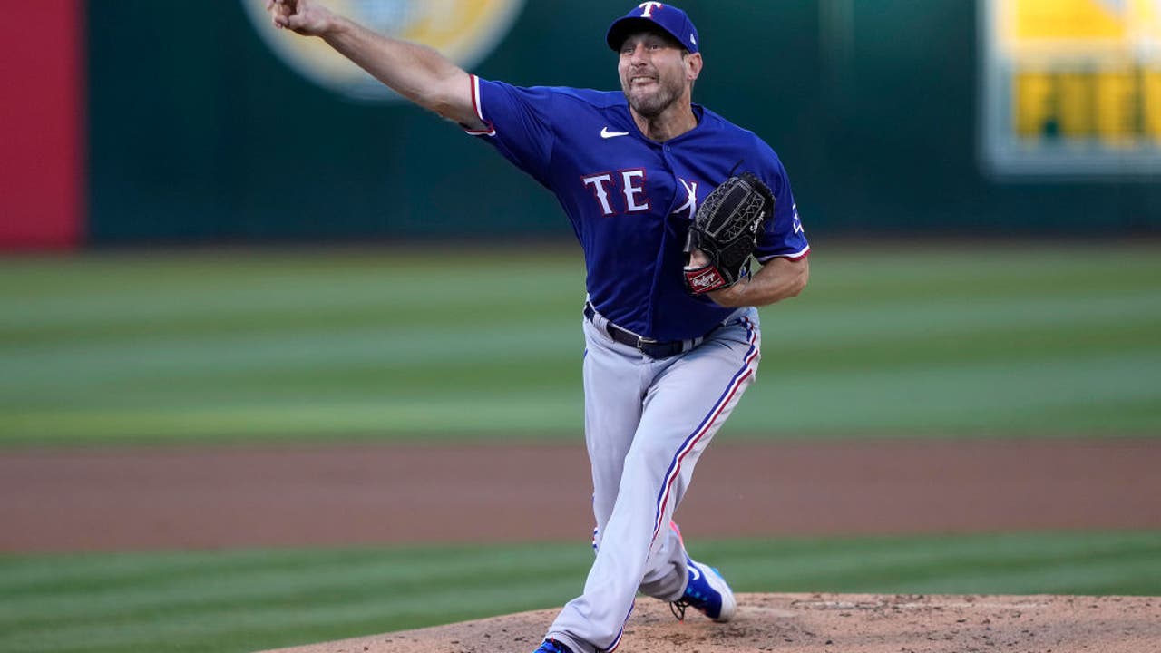 Scherzer strikes out 9 in Rangers debut