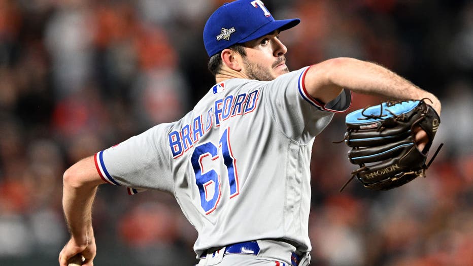 Cody Bradford of the Texas Rangers pitches in the sixth inning